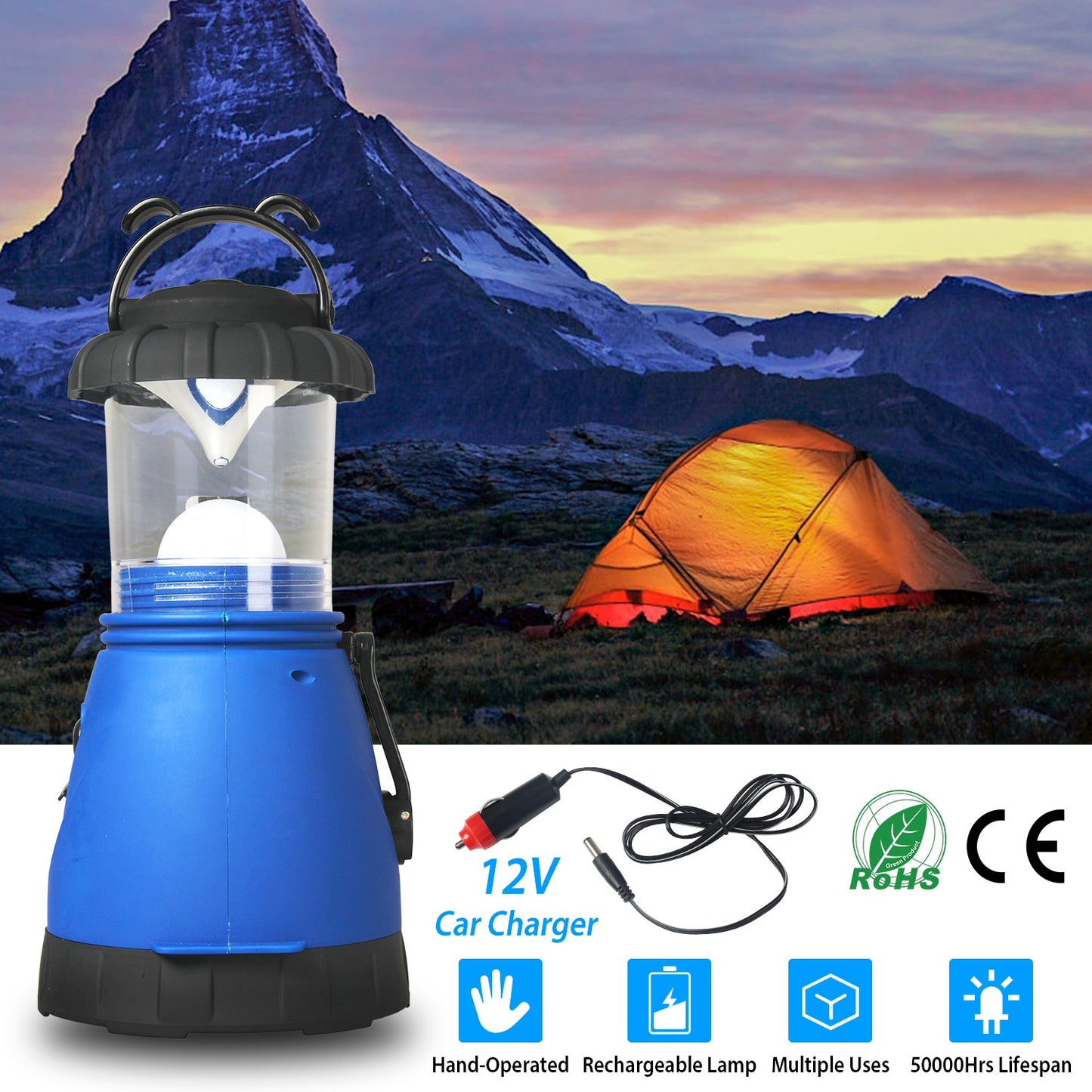 Camping Light Hand Crank Hiking Emergency Spotlight Lantern Lamps w/ Car Charger