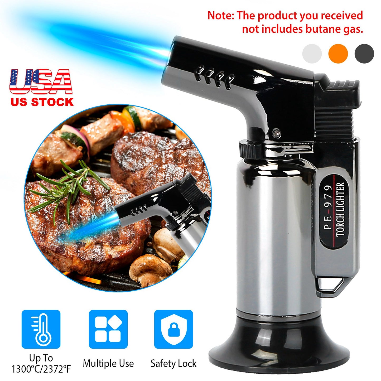 Culinary Butane Torch Lighter Refillable Blow Torch Flame Adjustable Flame Kitchen Cooking BBQ Torch w/ Fire Lock (Gas Not Included)