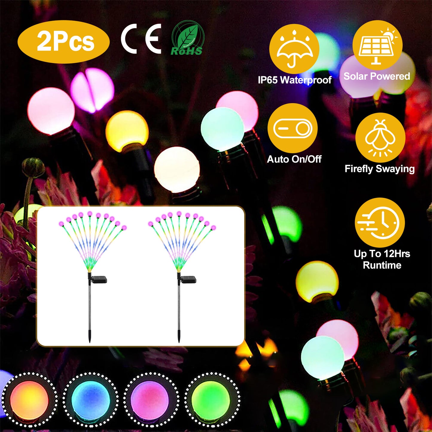 2Pcs Solar Firefly Lights Swaying Decorative Pathway Stake Lamp IP65 Waterproof Landscape Patio Yard Night Light