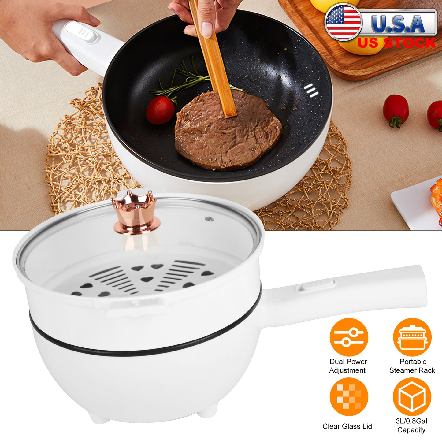 Electric Hot Pot Non-Stick Frying Pan Portable Rapid Noodles Cooker with Long Handle Steamer Spatula Dual Power Control Overheat Dry-Boil Protection f