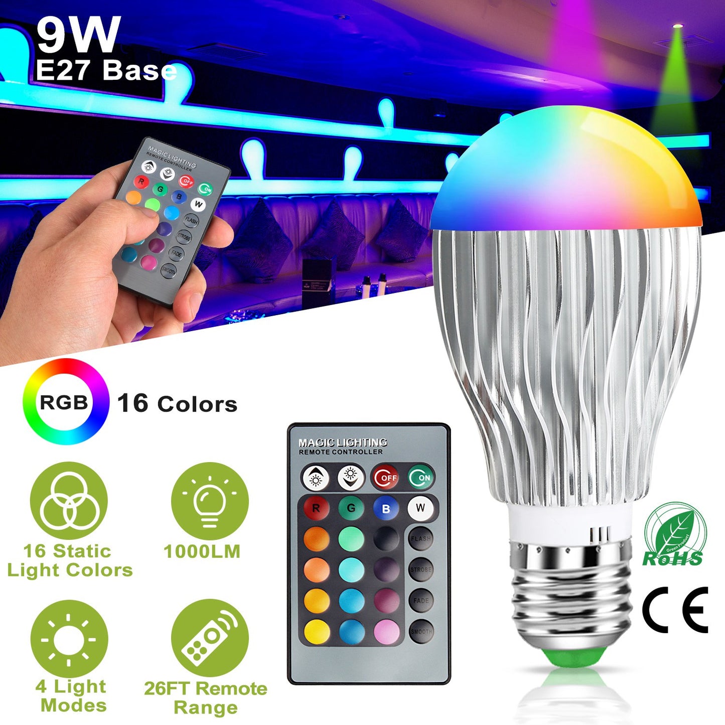 9W LED Light Bulb E27 RGB Lamp Bulb 16 Colors Changable 24-key IR Remote Control for Decor Mood Lighting