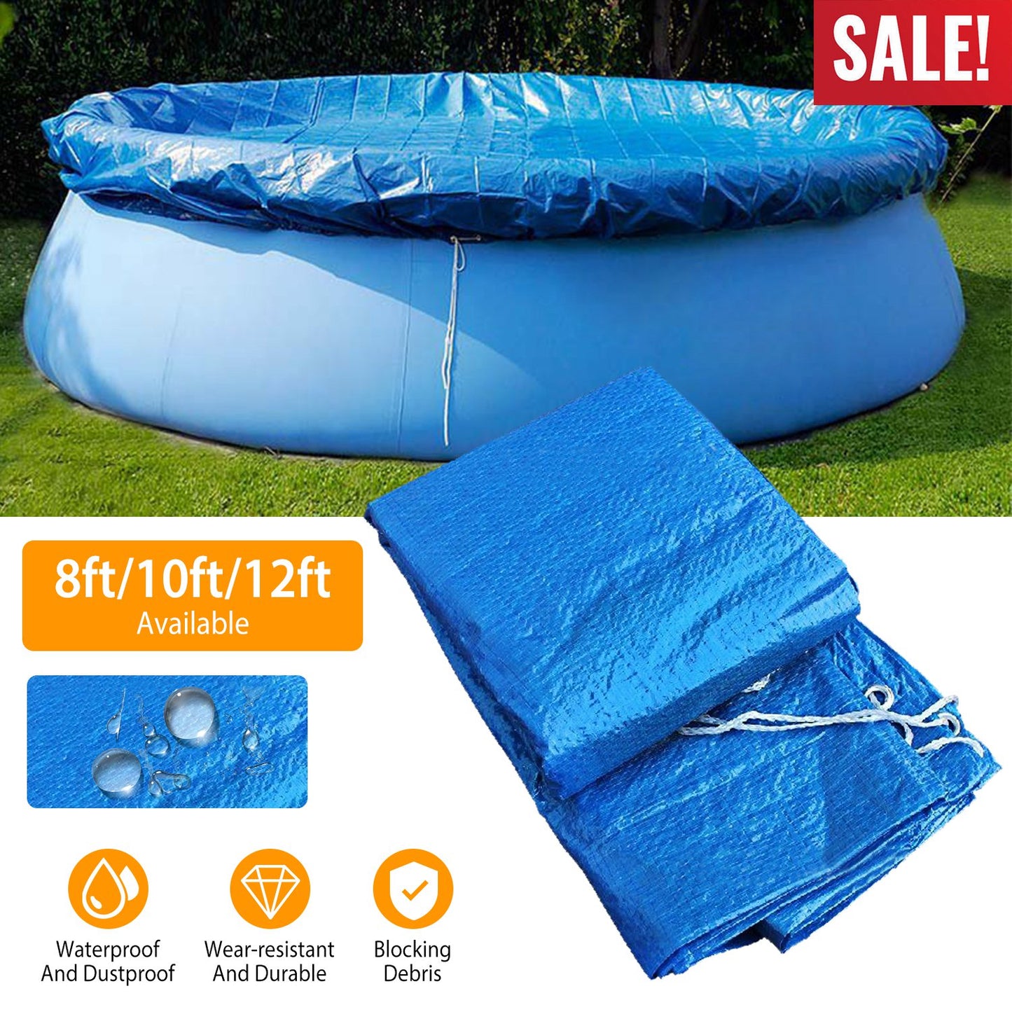 8ft Swimming Pool Round Cover Protector Dustproof Waterproof Paddling Pool Cover