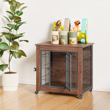 Dog Crate Furniture with Lockable Wheels & Dual Doors