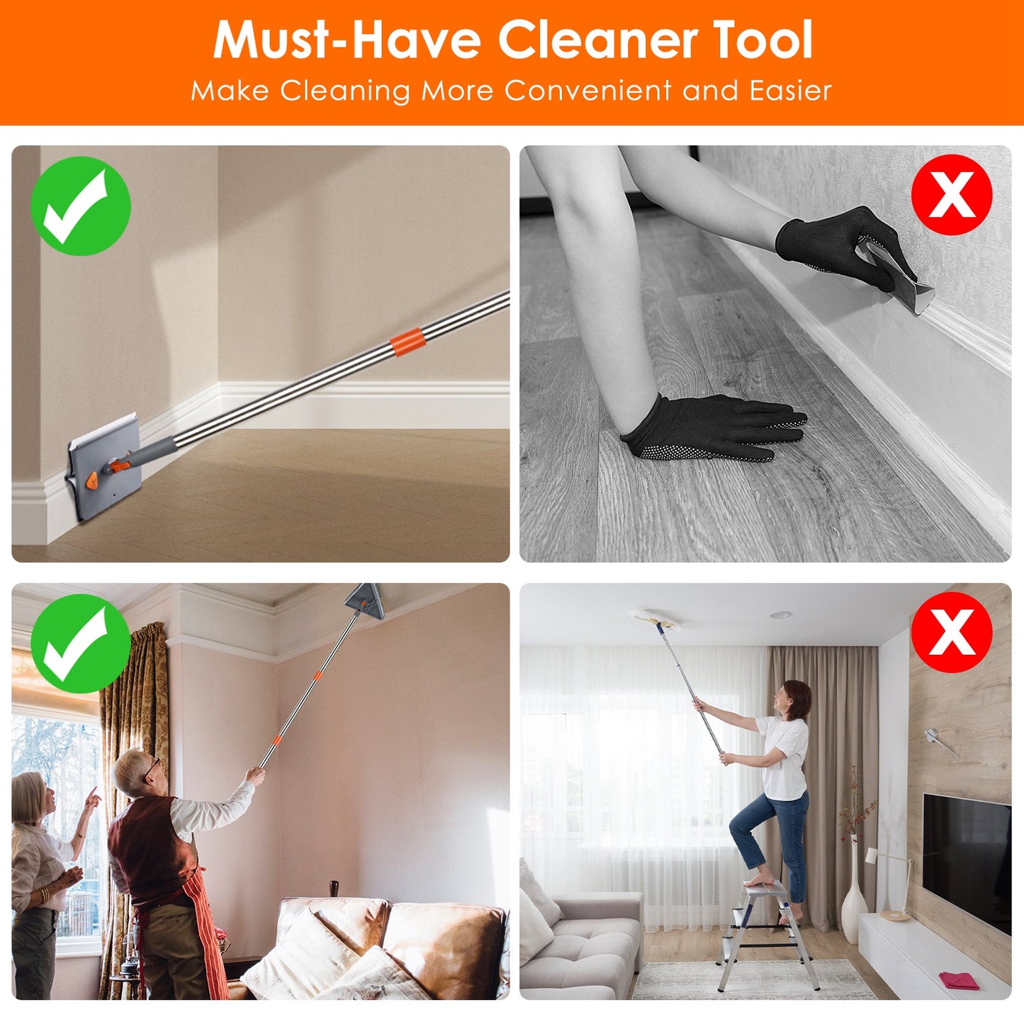 2 In 1 Baseboard Cleaner Mop Wall Cleaner Mop With Squeegee Extendable Long Handle 8 Reusable Fiber Flannel Chenille Mop Pads 360¡ Rotatable Convex De