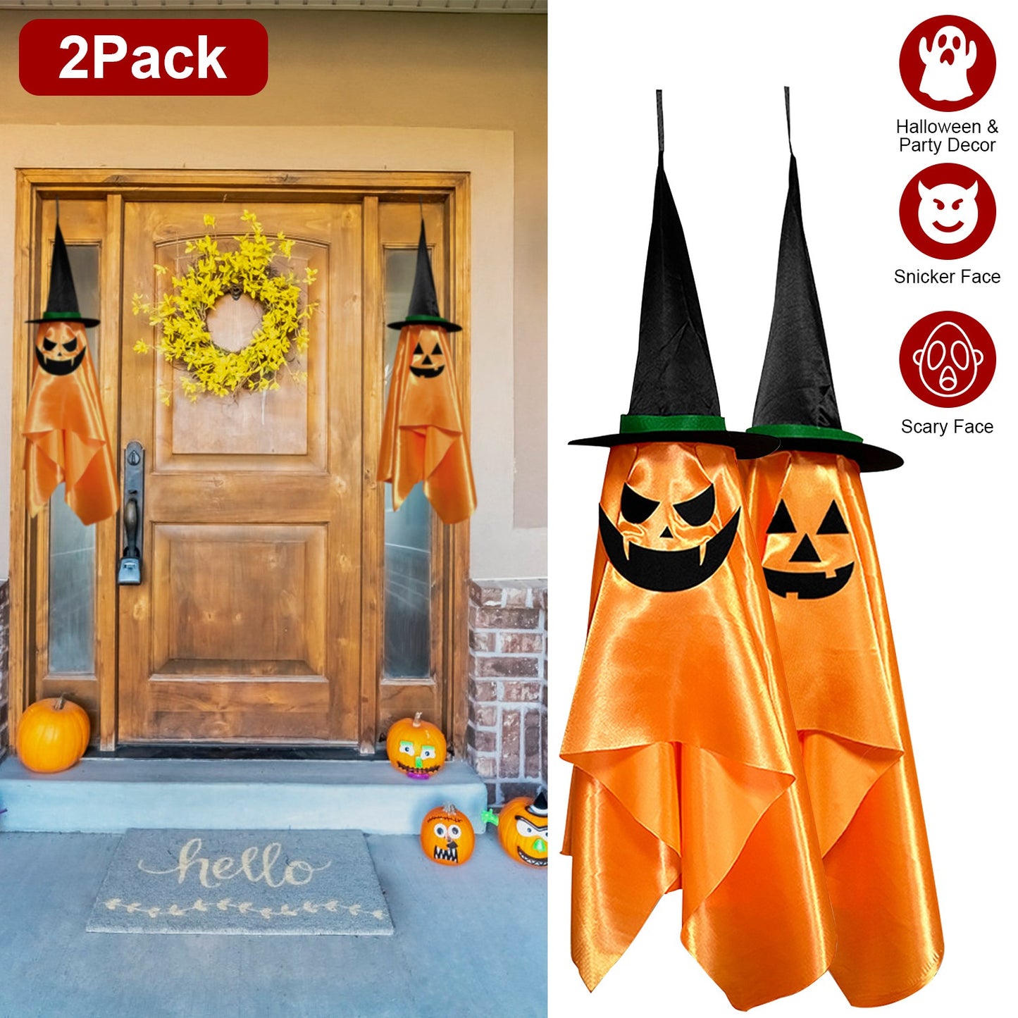 2 Pack Hanging Ghosts with Wizard Hat Snicker Scary Face Halloween Party Hanging Decorations Pumpkin Wizard Hat for Eave Tree Porch