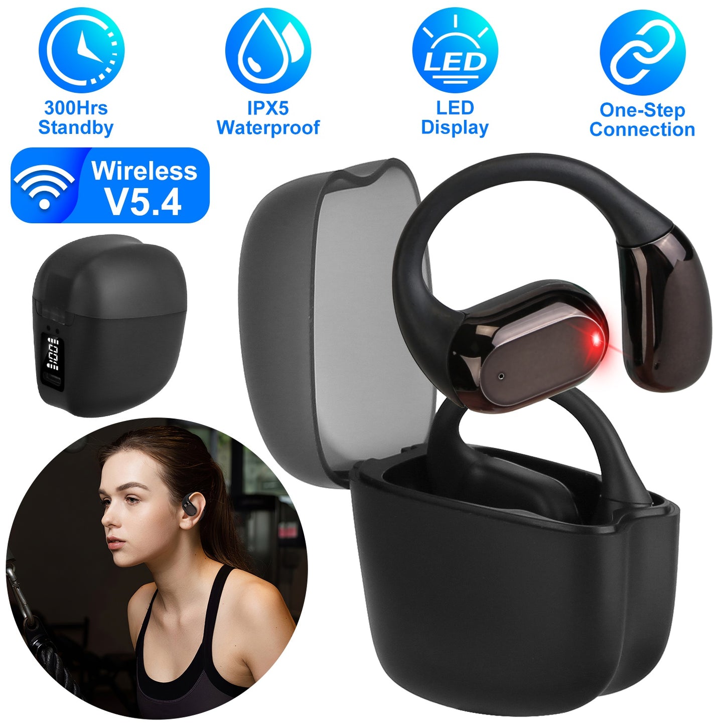 Wireless V5.4 Open Ear Earbuds with Earhook LED Display Charging Case IPX5 Waterproof 300Hrs Standby Time Touch Control Stereo Sport Headphones for Wo
