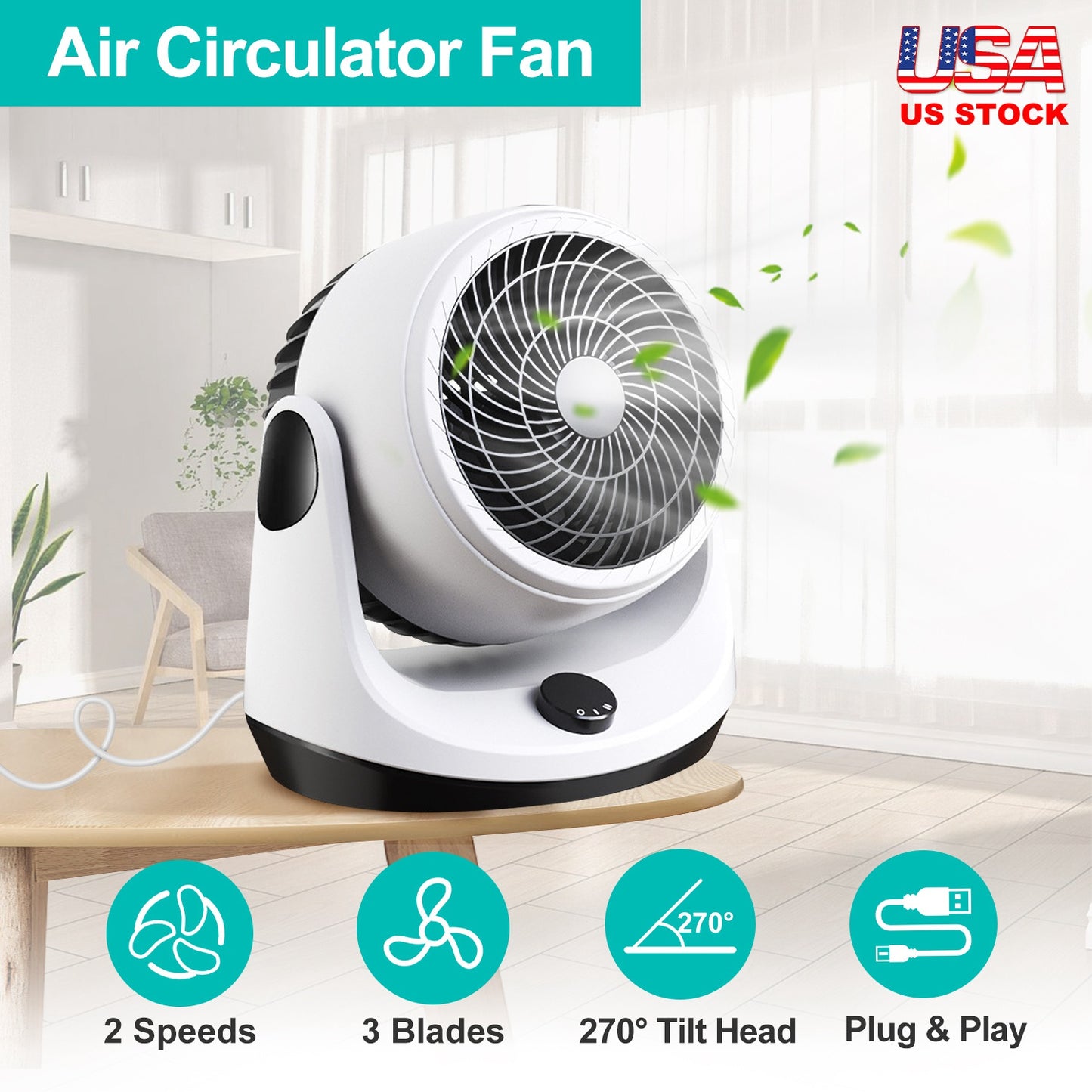 Table Desktop Fan Air Circulator Office Fan with 2 Speeds 270¡ Adjustable Head USB Plug Play for Room Office Kitchen Office