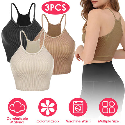 3 Pack Women Crop Basic Tank Top Ribbed Knit Sleeveless Round Neck 9 Color Machine Wash Summer Crop S to XL