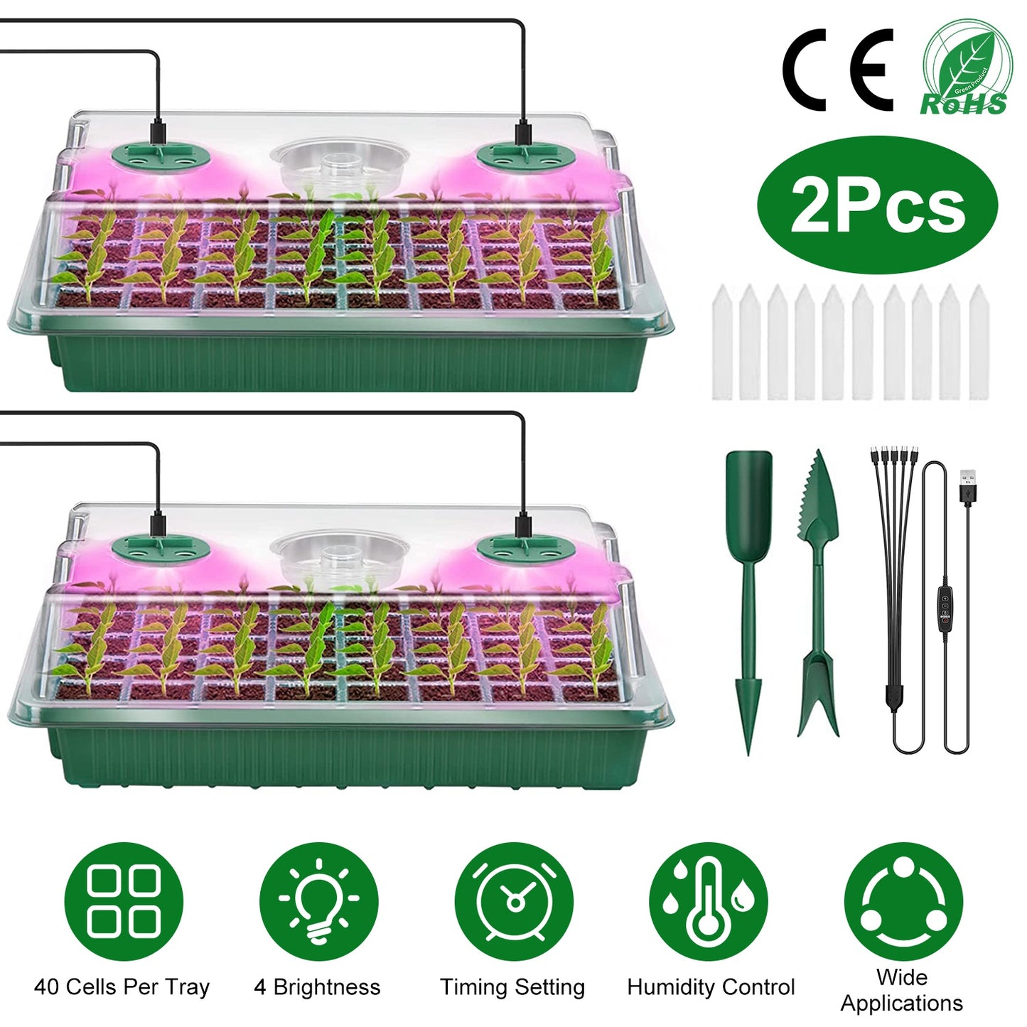 2Pcs 40 Cells Seed Starter Tray Plant Grow Light with 4 Adjustable Brightness Automatic Timing Setting Humidity Dome Plant Germination Garden