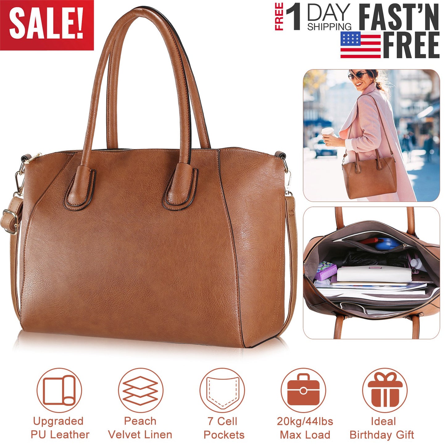 WomenÕs Soft Leather Handbag Tote Bags Large Shoulder Crossbody Bag 7 Cells Zipper Purse Handle Bag Phone Book Cosmetic Case for Office Lady Student