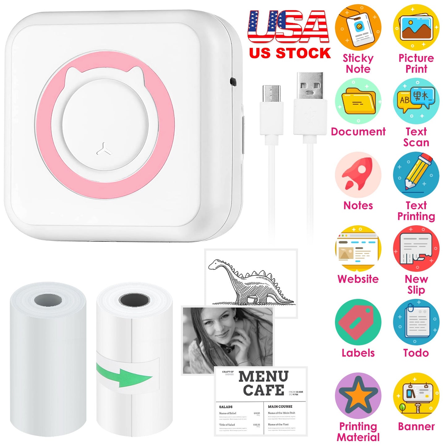 Pocket Wireless Thermal Printer Portable Mini Sticker Maker Machine Rechargeable Inkless Photo PrinterÊfor Printing Label Journal Study Notes Memo Pho