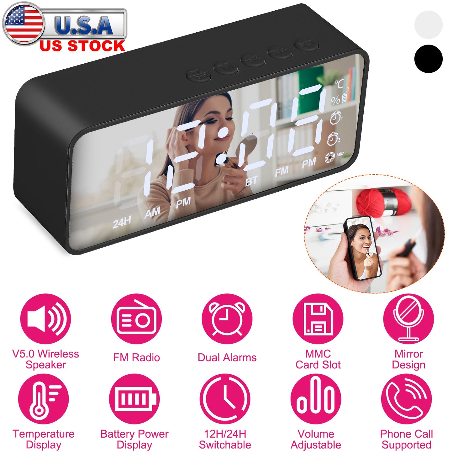 Mirror Digital Alarm Clock LED V5.0 Wireless Speaker Clock with FM Radio Temperature Display MMC Card Slot