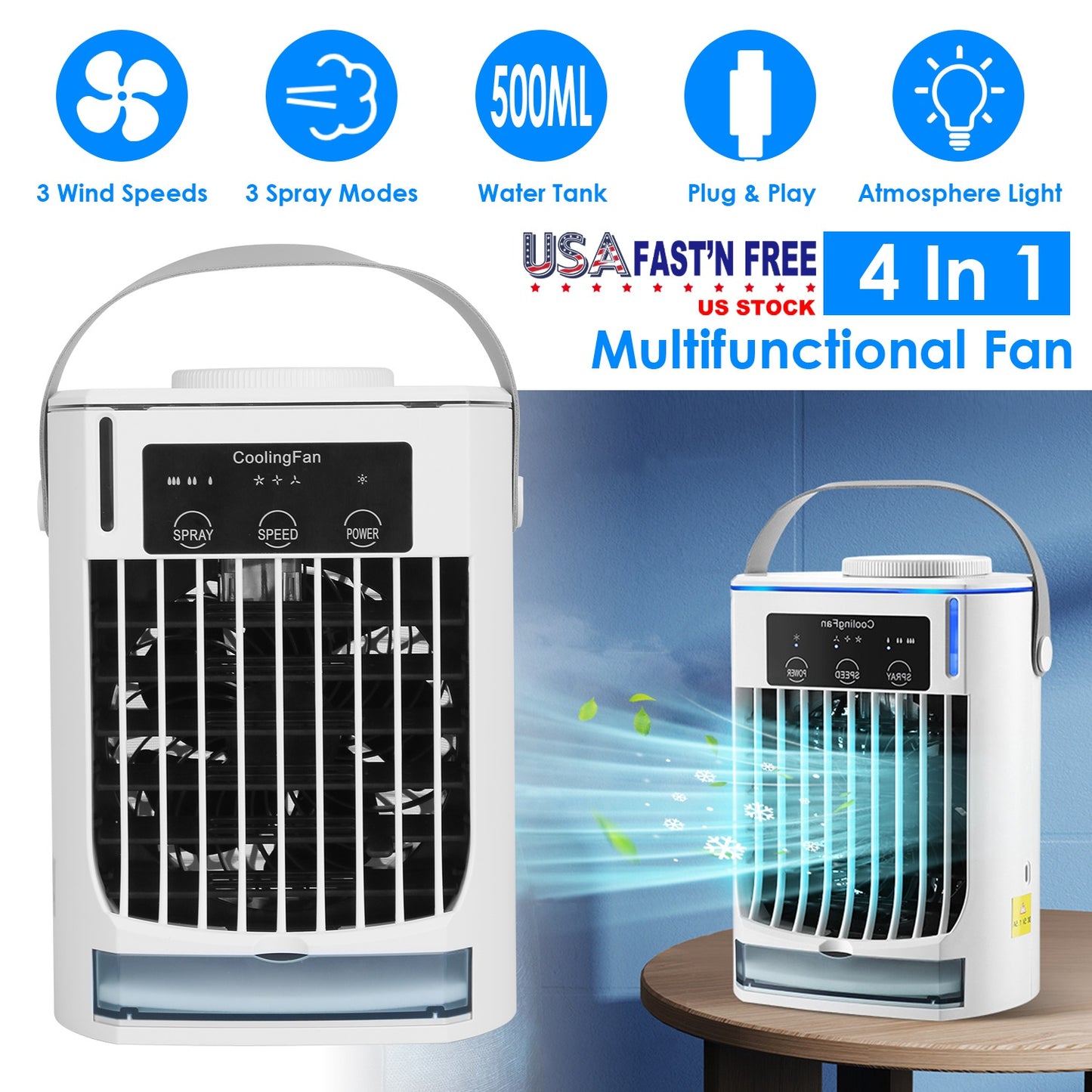 Portable Air Conditioner Fan Evaporative Humidifier 3 Speed Spray Personal Cold Mist Air Cooler Desk Table Fan Water Tank Night Light Adjustable Angel