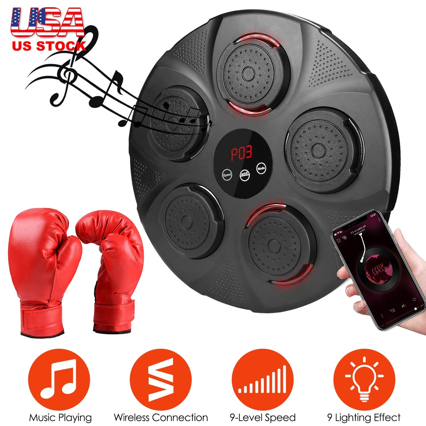Music Boxing Machine Electronic Wall Target Punching Pad LED Lighted Sandbag Boxing Training Machine Exercise Equipment with Adult Boxing Gloves