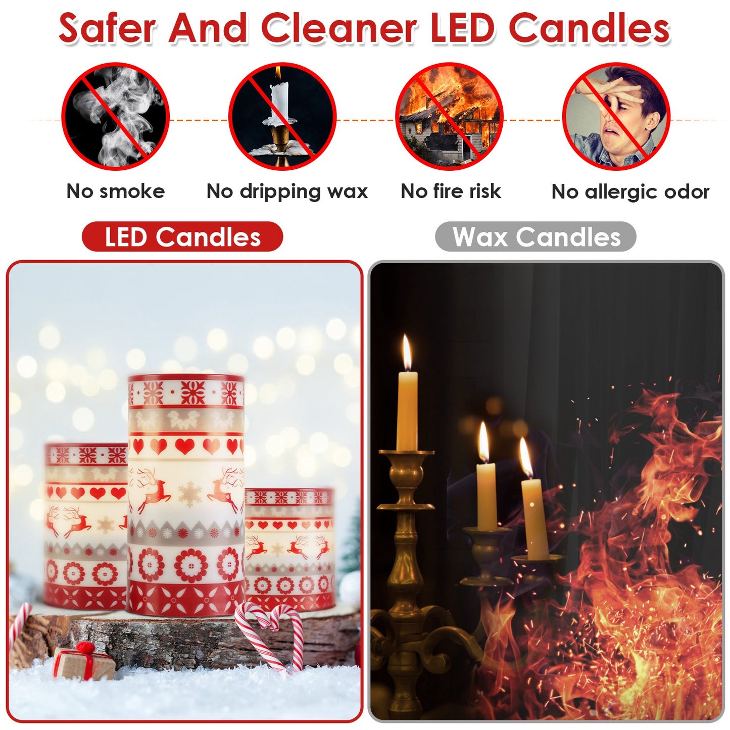 3Pack Christmas Flameless LED Candles Deer Flickering Candle Lights Pillar Candles with 3 Lighting Modes Timer Remote Control