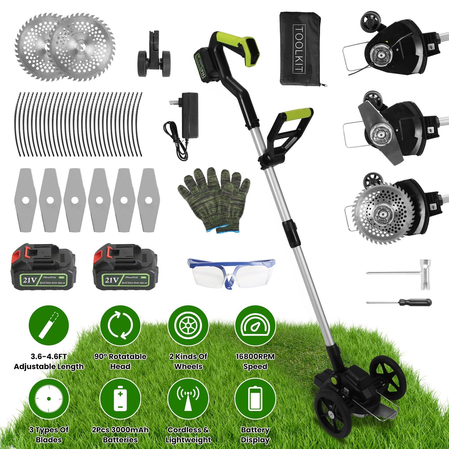 21V Electric Weed Edger Cordless String Trimmer Grass Mower Eater Bush Cutter with 16800RPM 2x 3000mAh Batteries 3.6-4.6FT Length 90¡ Rotatable Angle
