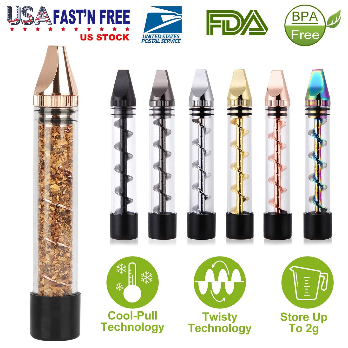 Glass Blunt Pipe Twisty 7-in-1 Grinder Blunt Kit w/ Smoking Metal Tip Cleaning Brush