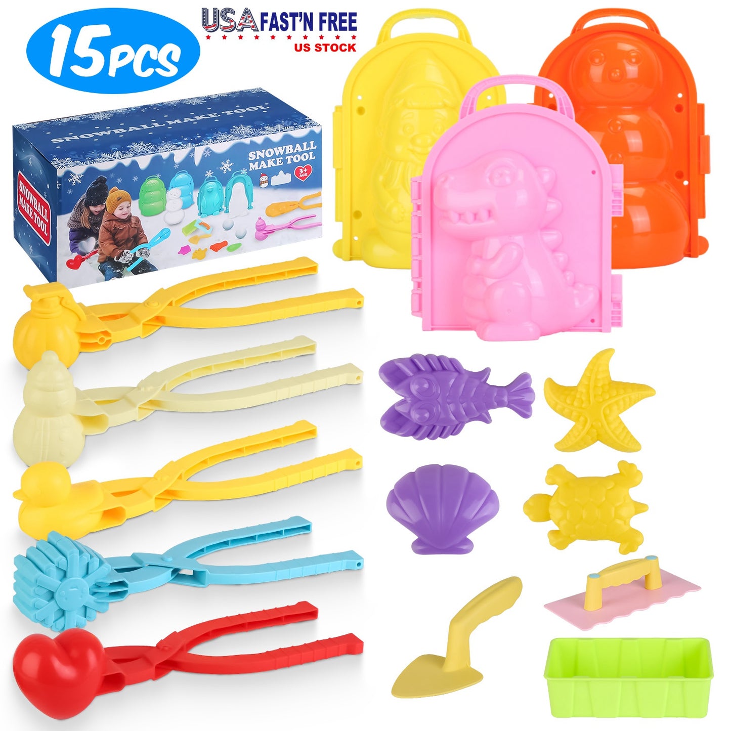 15Pcs Winter Snowball Tool Kit Kids Snow Molds Outdoor Snow Beach Toys for Kids Toddlers Adults Snowman Snowflake Duck Dinosaur