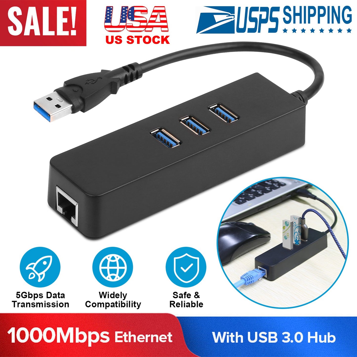 3 Ports USB 3.0 Hub Gigabit Ethernet Adapter 10/100/1000 Mbps Converter LAN RJ45 Wired USB Network Adapter