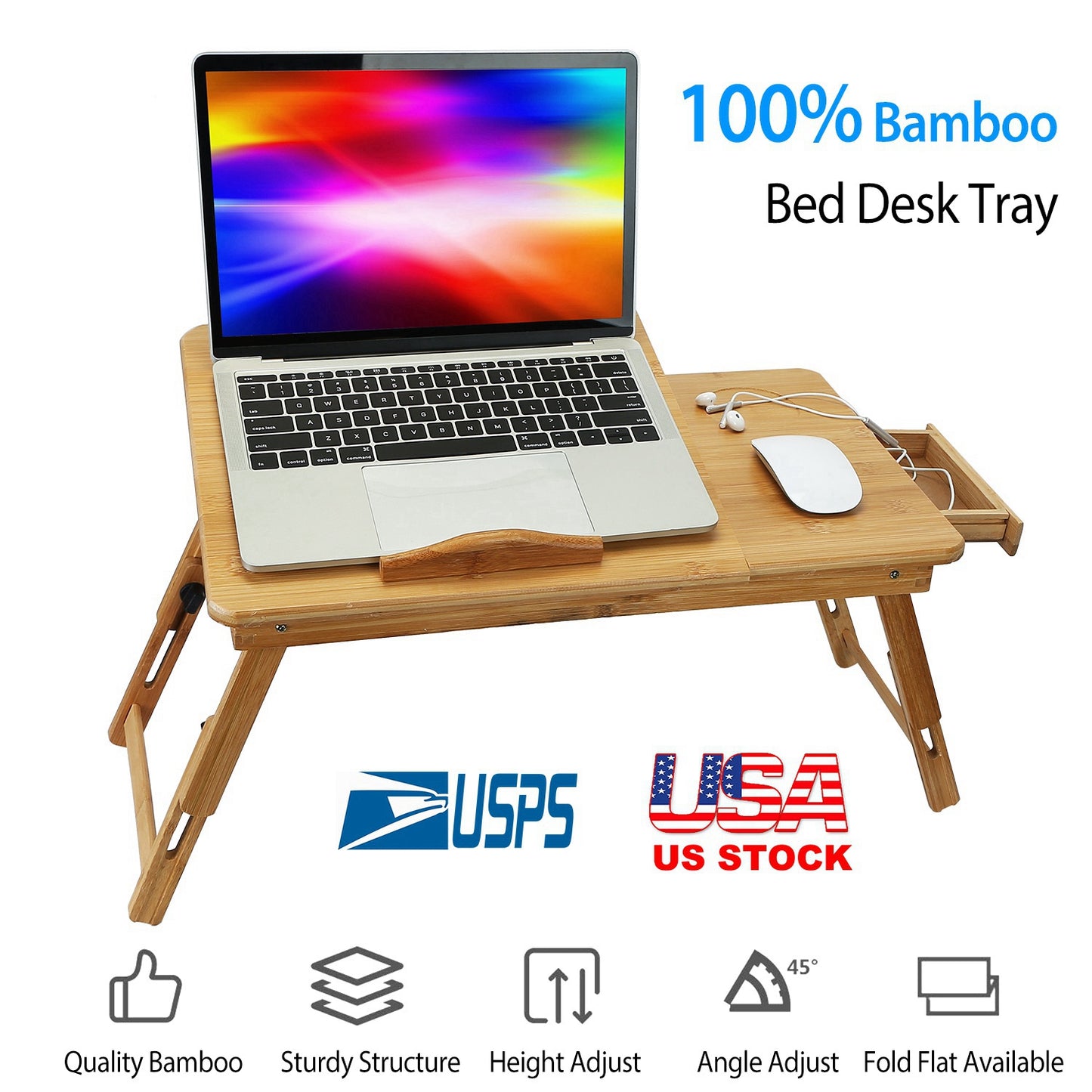 Bamboo Laptop Desk Breakfast Serving Bed Tray Foldable Leg Multi-Position Adjustable Tilt Surface Bed Lap Tray with Side Storage Drawer for Work Study