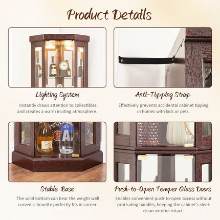 5-Tier Lighted Corner Curio Cabinet with Adjustable Glass Shelves