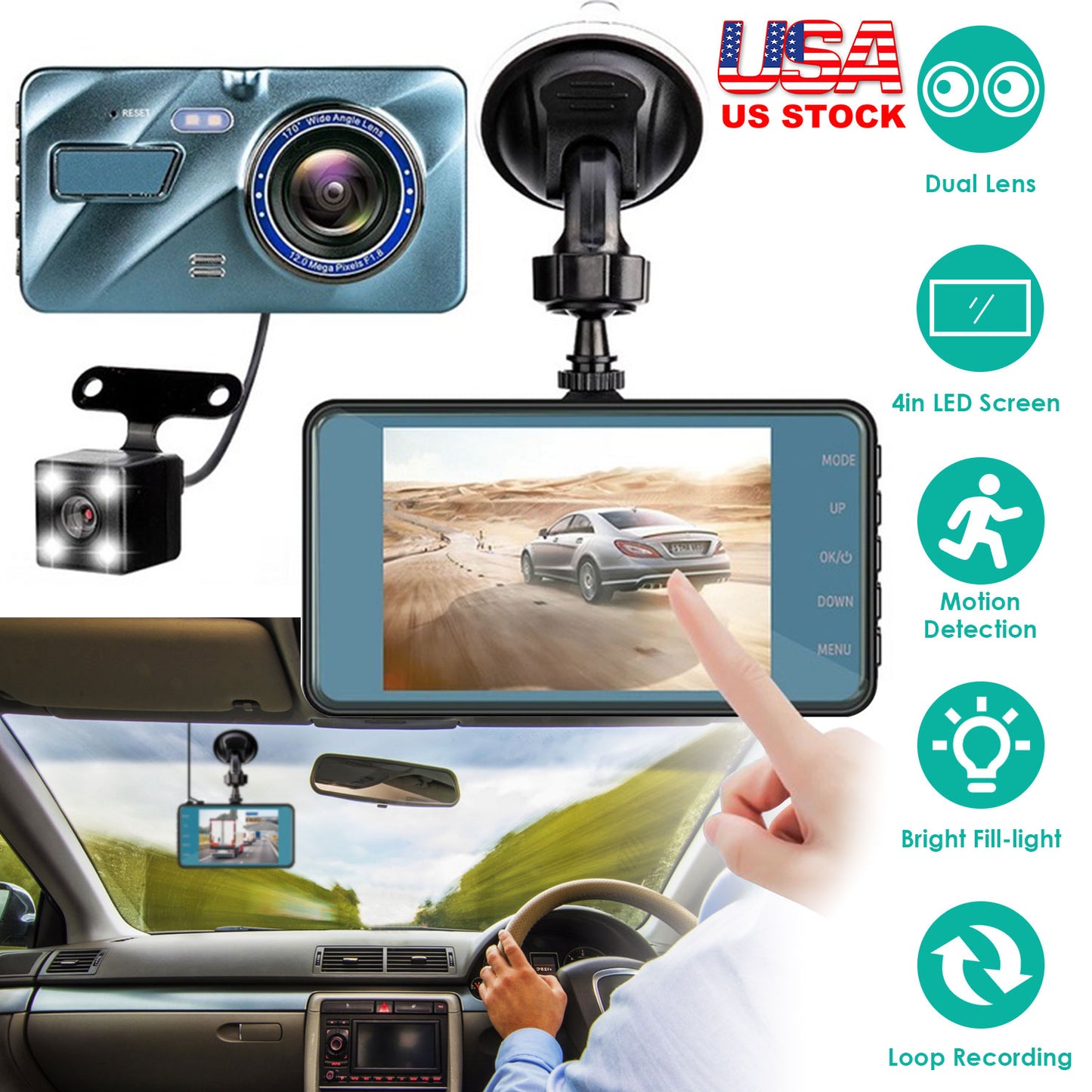 720P Dual Dash Cam Car Camera Recorder Looping Recording Car DVR Driving Vehicle Recorder with Motion Detection Light