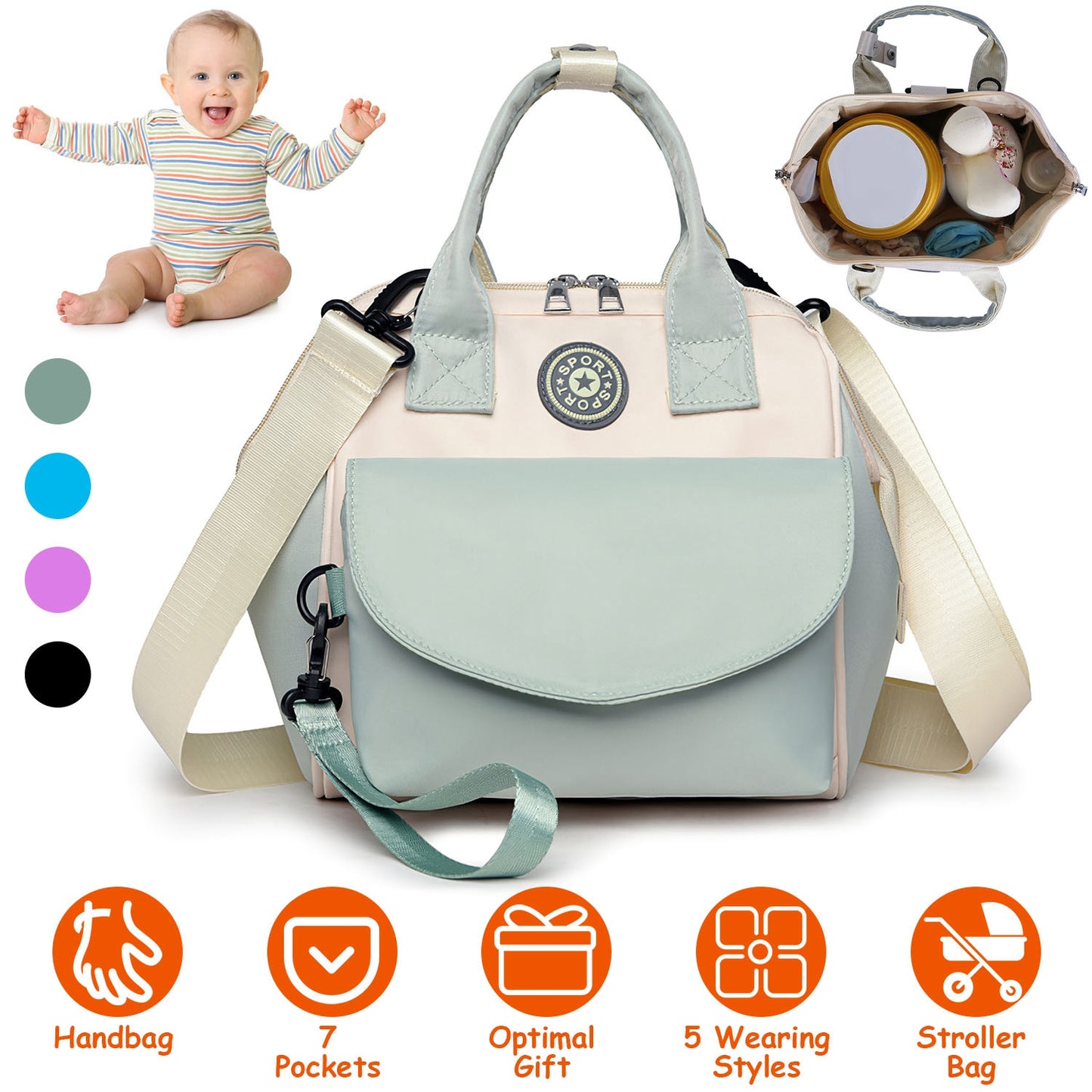 Baby Nappy Diaper Bag with 6 Pockets Burp Cloth Adjustable Shoulder Strap Detachable Small Bag Multifunctional Diaper Changing Bag with 2 Insulated Po
