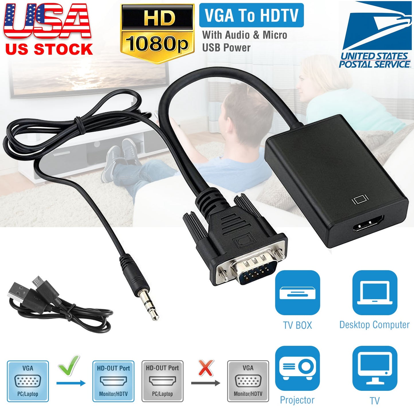 VGA to HD IN & HD OUT Converter Adapter HD 1080P Video Audio Cable Adapter w/ USB 3.5mm Plug For HDTV TV Projector Laptop
