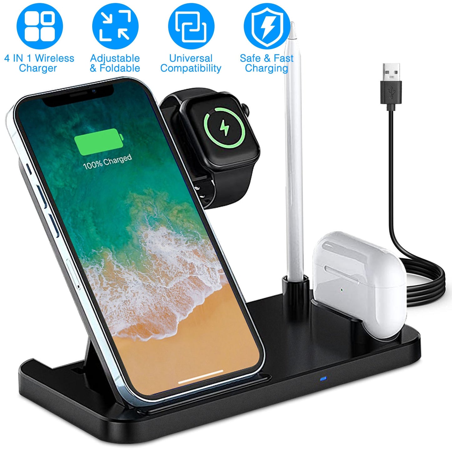 4 In 1 Wireless Charger Foldable Fast Charging Station Stand Dock Fit for iWatch Apple Pencil Airpod 1/2/3/Pro iPhone 13 12 11 Pro Samsung S22 S21 Qi-