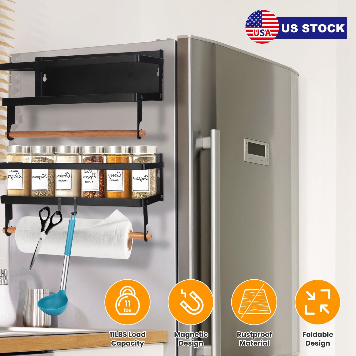2Pcs Magnetic Spice Racks for Refrigerator With Paper Towel Holder Hooks Kitchen Space-Saving Foldable Fridge Magnet Organizer For Oven Microwave Wash