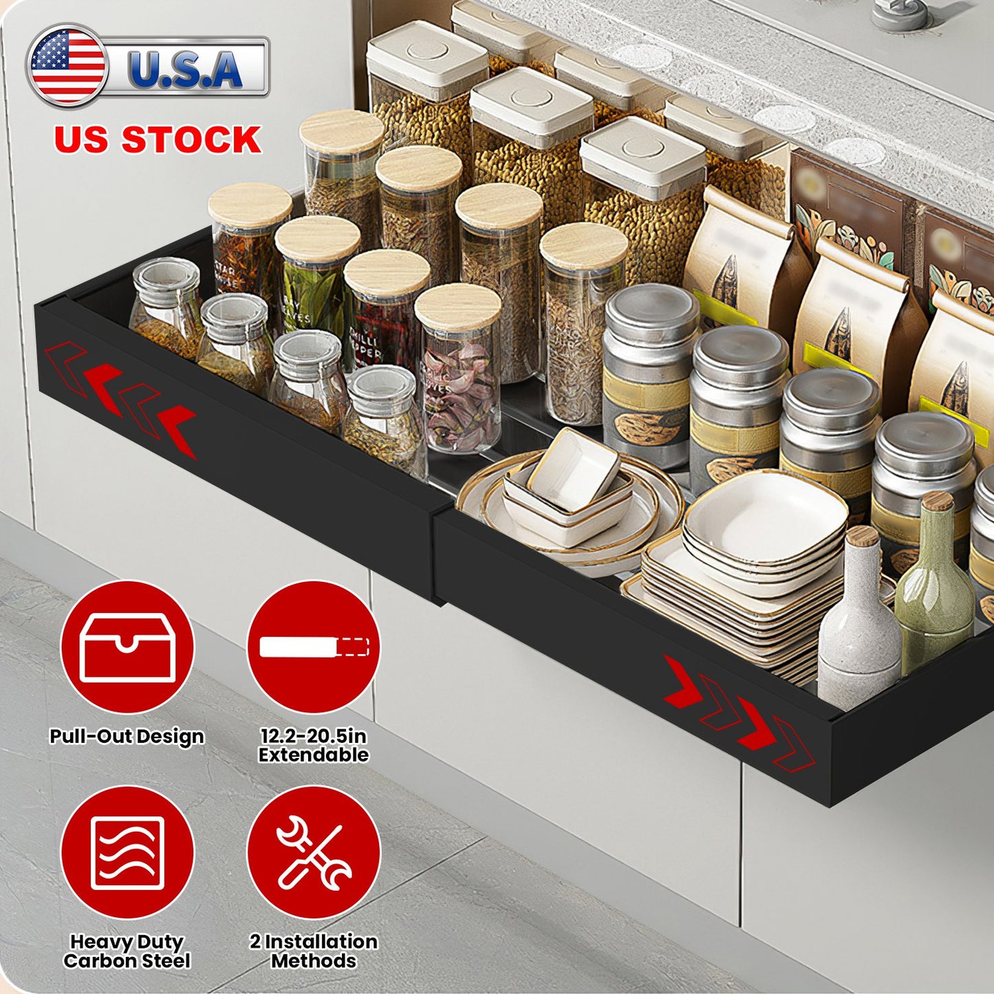 Expandable Pull out Cabinet Organizer Slide out Drawers Roll out Sliding Storage Self Carbon Steel with 12.2-20.5in Extendable Width 17lbs Max Load