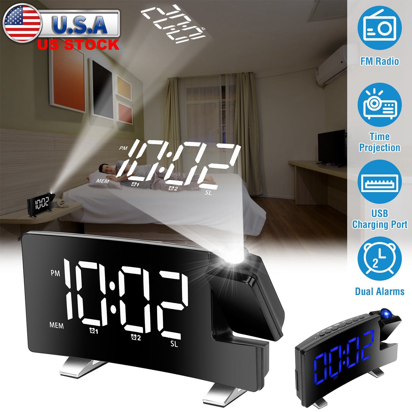 Projection Alarm Clock with Radio Function 7.7In Curved-Screen LED Digital Alarm Clock w/ Dual Alarms 4 Dimmer 12/24 Hour USB Charging Port 180¡ Rotat