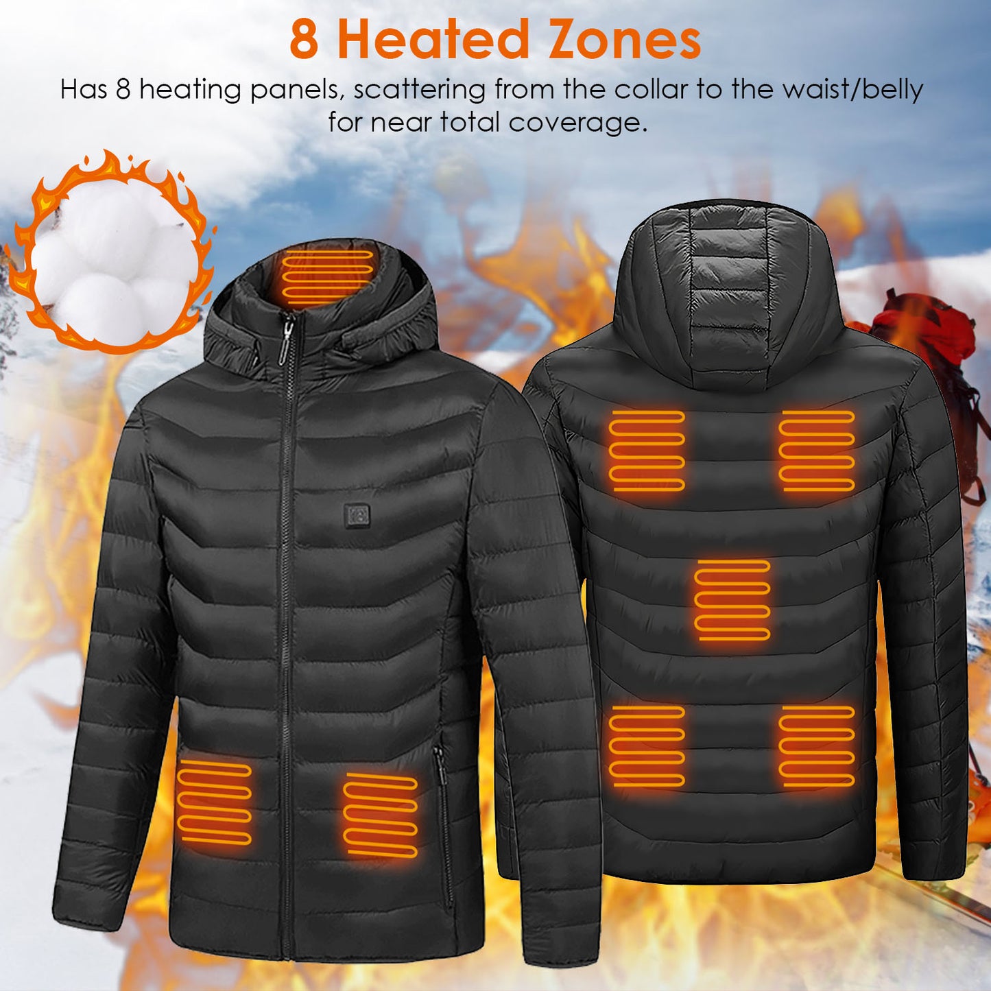 Heated Jacket Electric Heating Coat Lightweight Winter Hooded JacketÊwith 3-Level Heating Modes 8 Heating Zones Detachable Zipper Hood