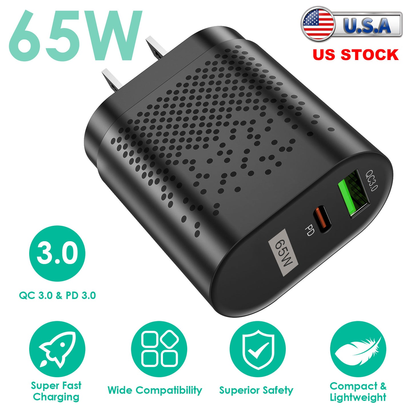 65W Type C Fast Wall Charger PD QC3.0 Adapter Fit for IOS Phone 14 13 12 11 Samsung S22 S21 Switch MacBook iPad