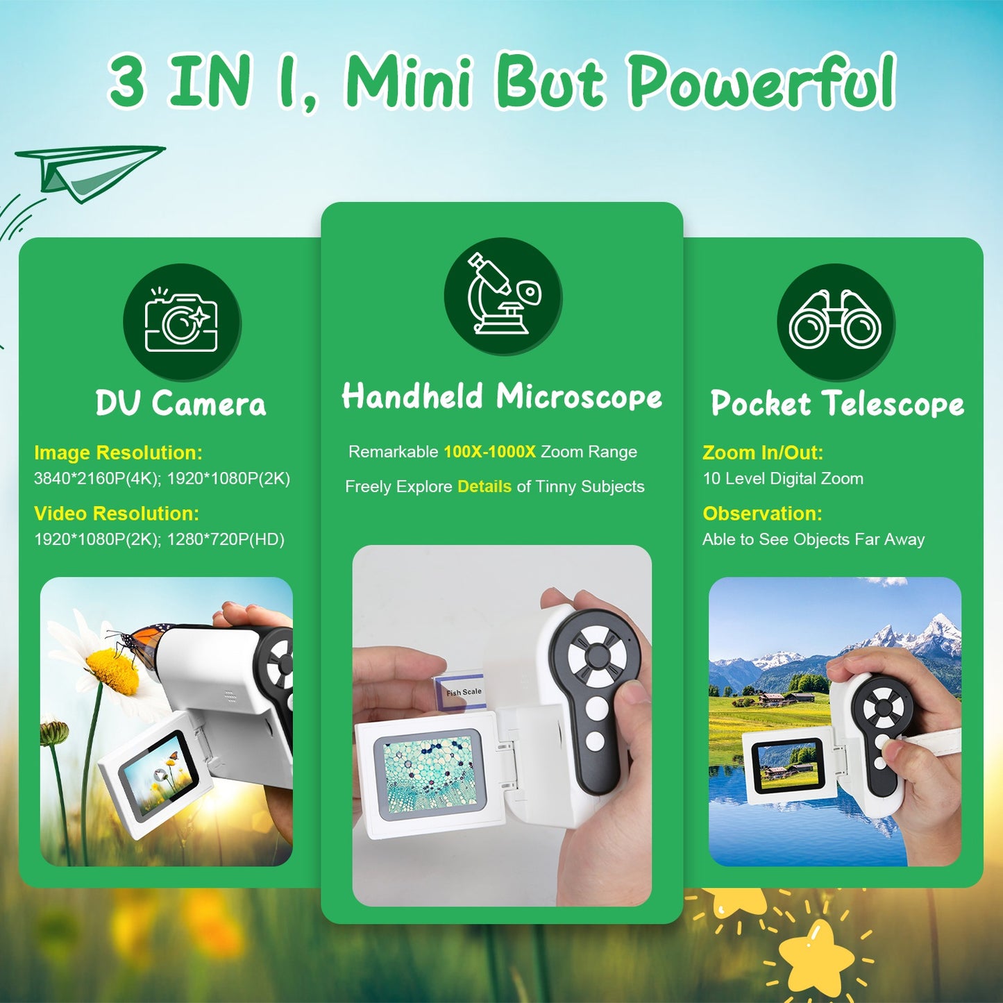 3 In 1 1000X KidsÕ Microscope Telescope Camera Handheld USB Mini Microscope with LED Light 6 Sample Slides 32G MMC Card for Boys Girls Aged 6+ Years O