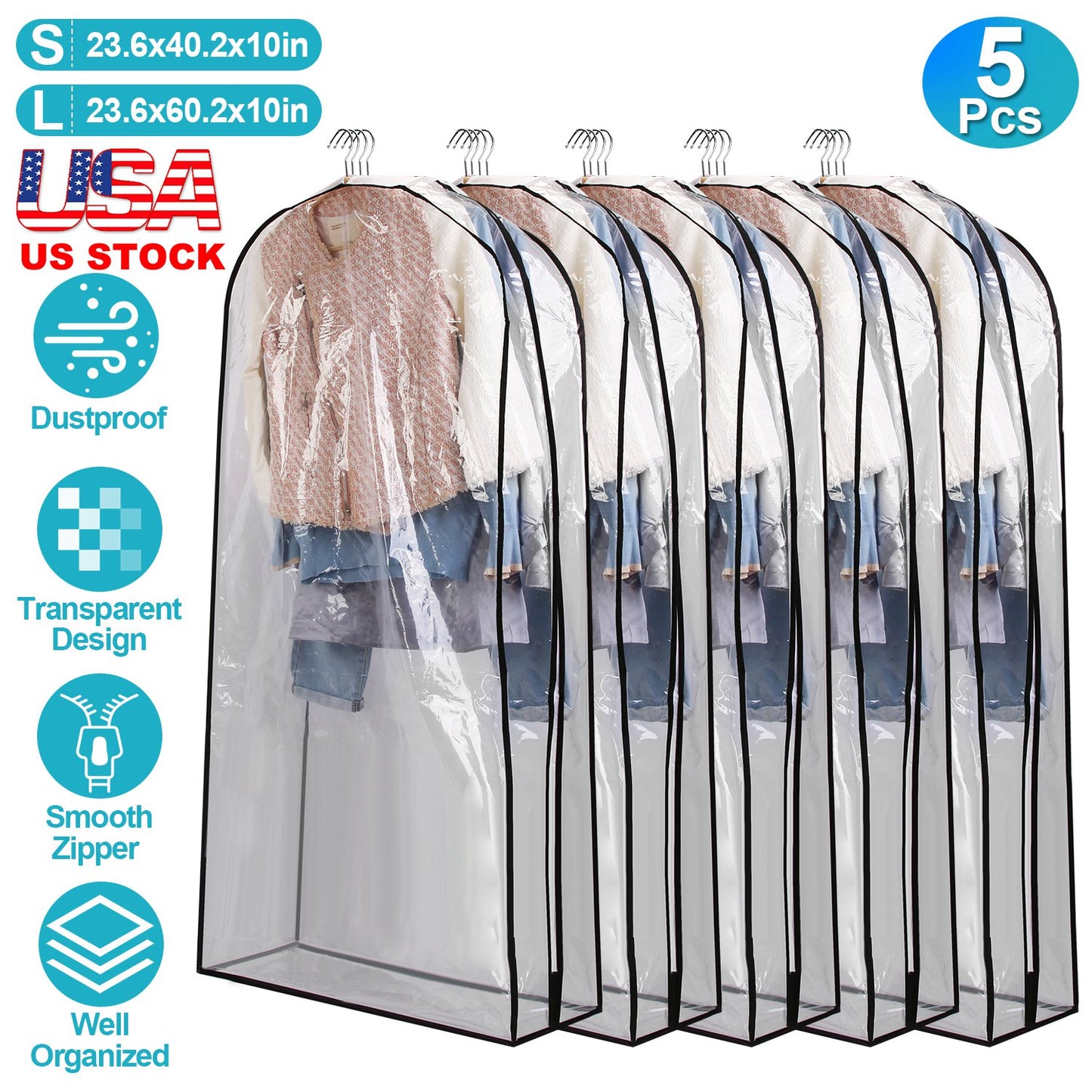 5 Pack 60In Garment Bag for Hanging Clothes Dustproof Waterproof Hanging Clothes Storage Bag Clear Transparent Suits Cover for Sweater Jacket Coat Dre
