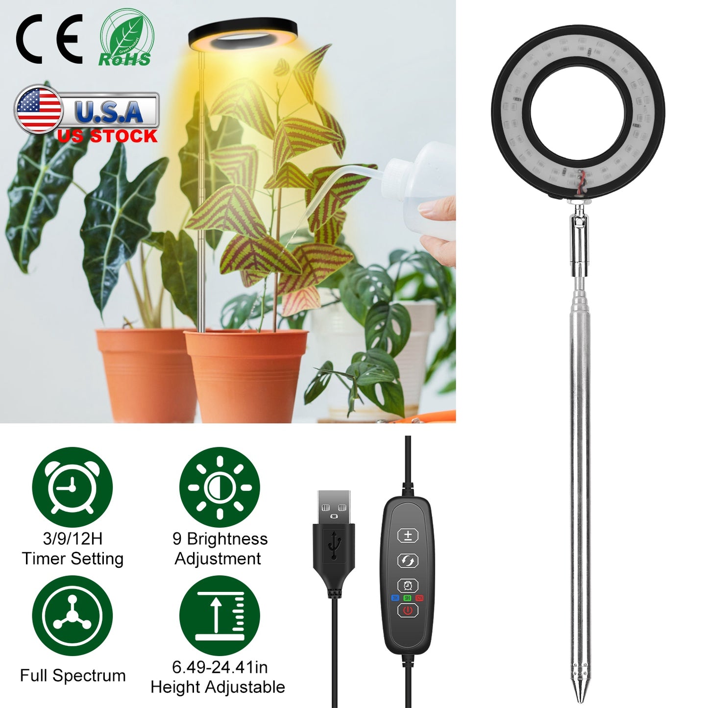 Plant Grow Light LED Full Spectrum Circle Growing Lamp with 3/9/12Hours Auto Timer Setting 9 Dimmable Brightness Height Adjustable for Indoor Plants