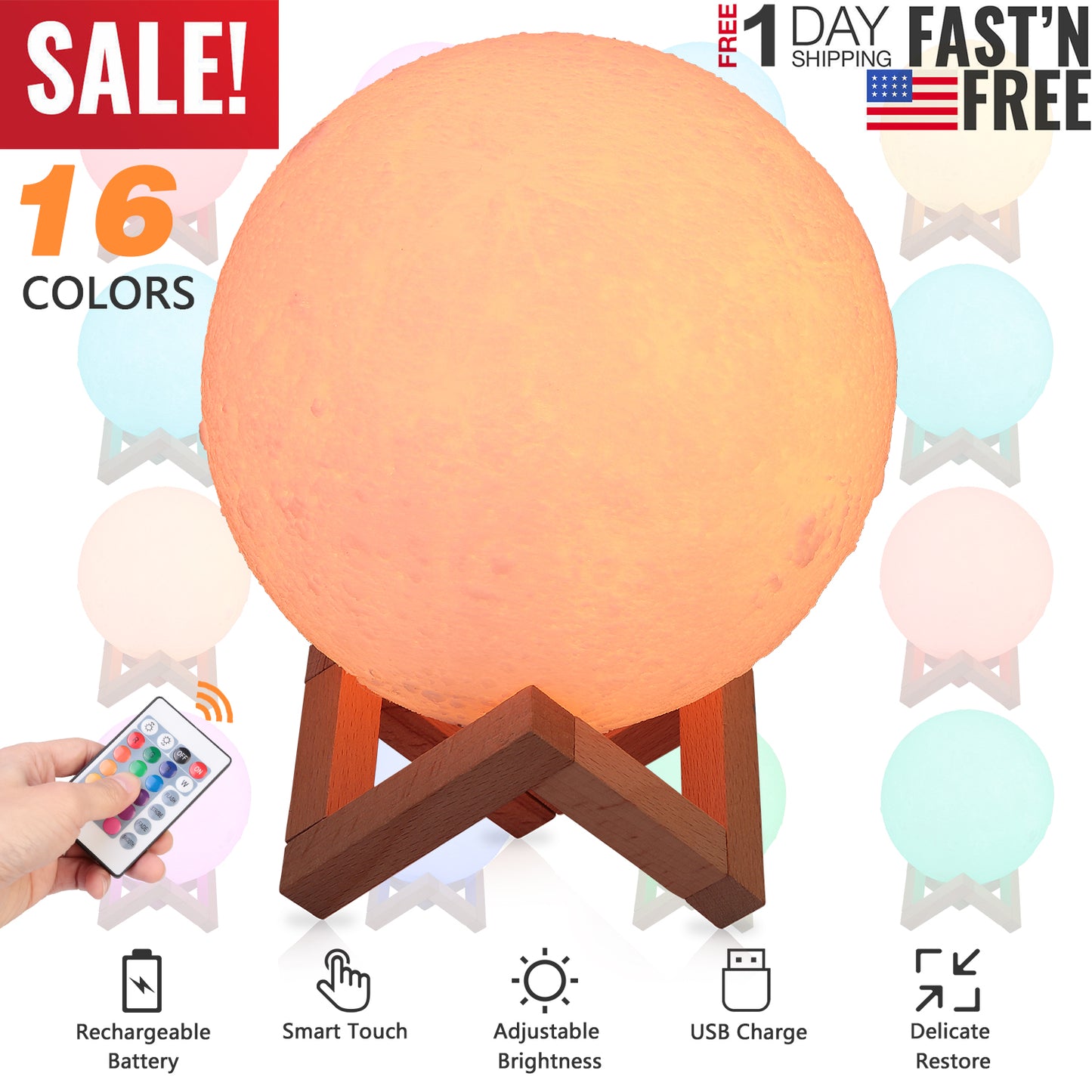 Moon Lamp 3D Printed Night Light 16 Colors Decorative Moon Light Touch Remote Control 3.15in