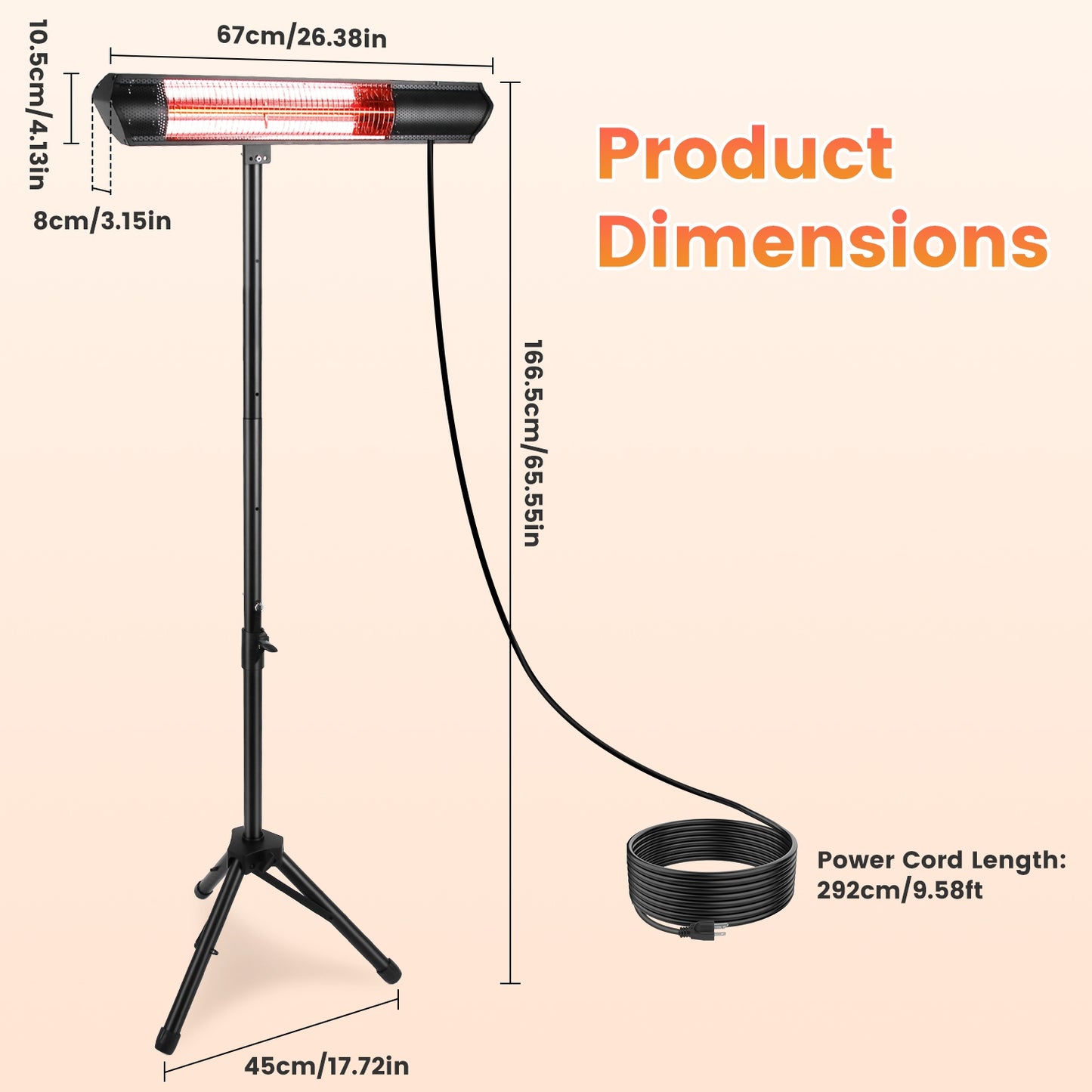 1500W Infrared Patio Heater with Stand, 3 Heat Levels & Remote