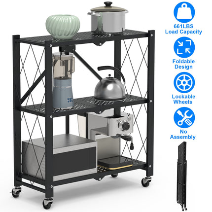 3-Tier Foldable Storage Shelf With Lockable Wheels No Assembly Rolling Utility Shelf Heavy Duty Collapsible Organizer Rack For Kitchen Living Room Bas