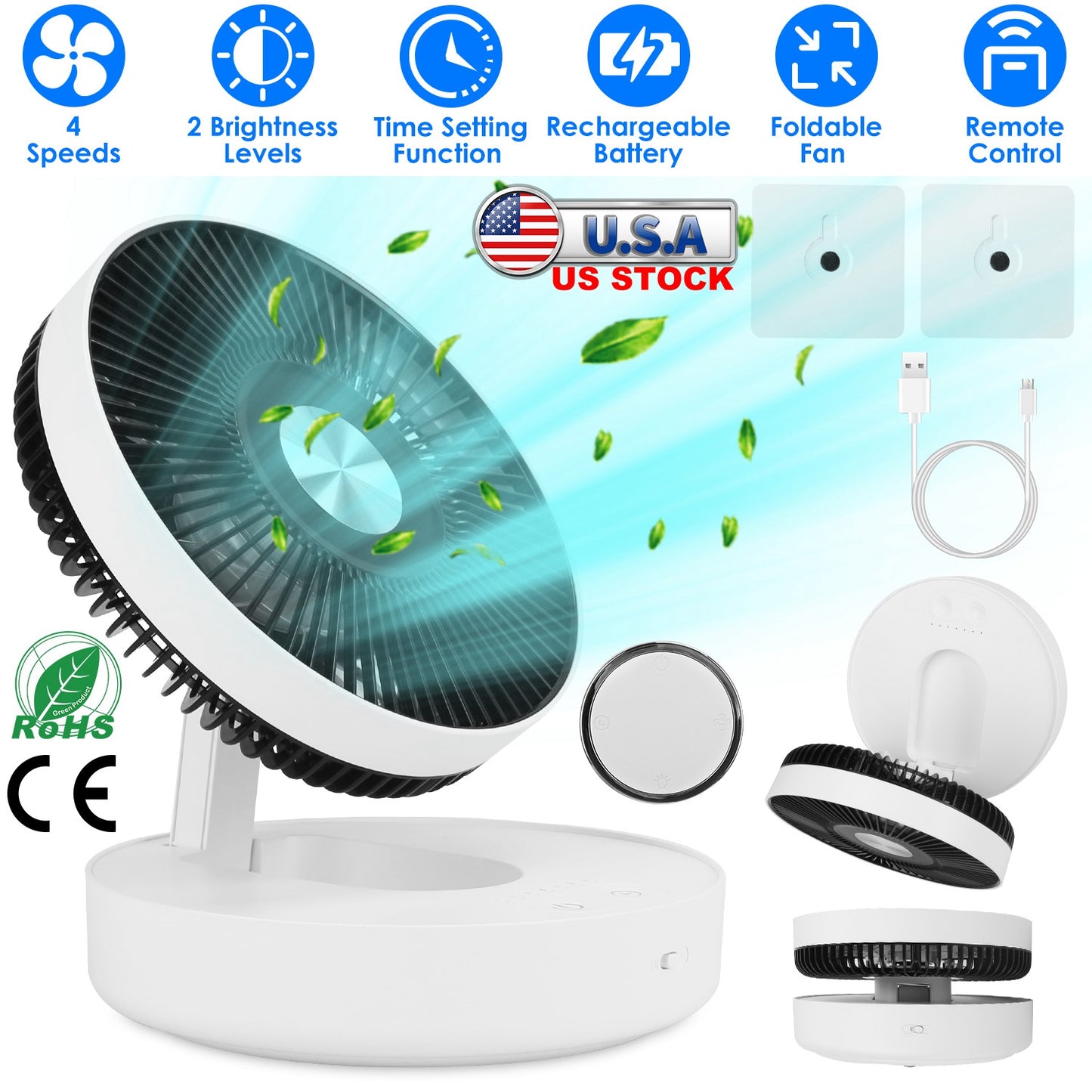 Foldable Rechargeable LED Desk Fan Wall Mounted Fan with Magnetic Remote Hanging Oscillating Fan with 4 Speeds 2 Brightness Time Setting Automatic Rot