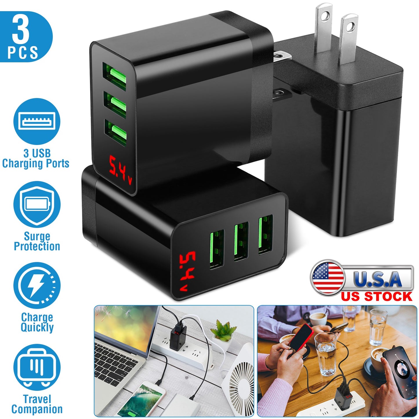 3 Packs 3-Port USB Wall Charger USB Hub Charger Wall Power Charging Plug Adapter Fit For Samsung Galaxy S9/S8 Note 8/9 iPhone Pad Tablet and More USB