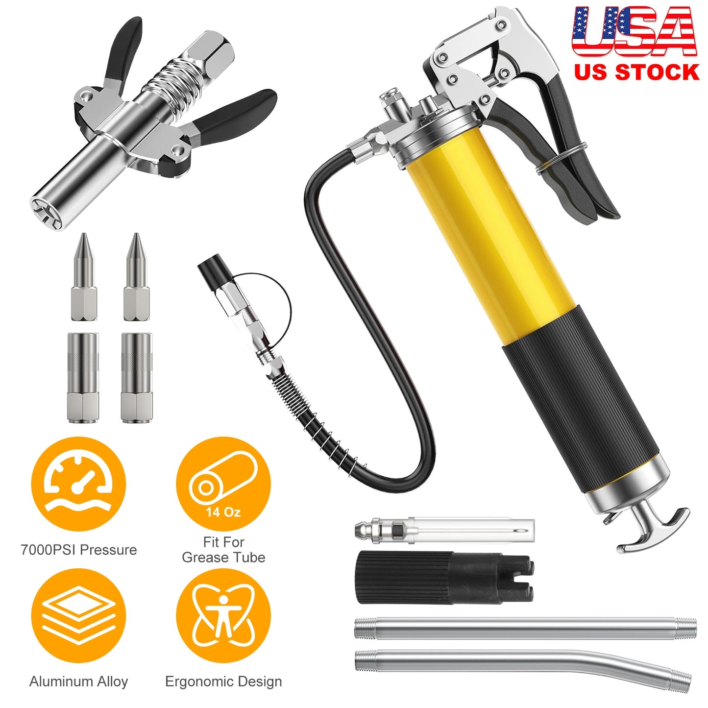 Grease Gun Kit Fit for 14 Oz Grease Tube 7000 PSI High Pressure Pistol Grip Grease Gun with Lock Coupler 11.8Ó Spring Flex Hose Jaw Couplers Sharp Noz