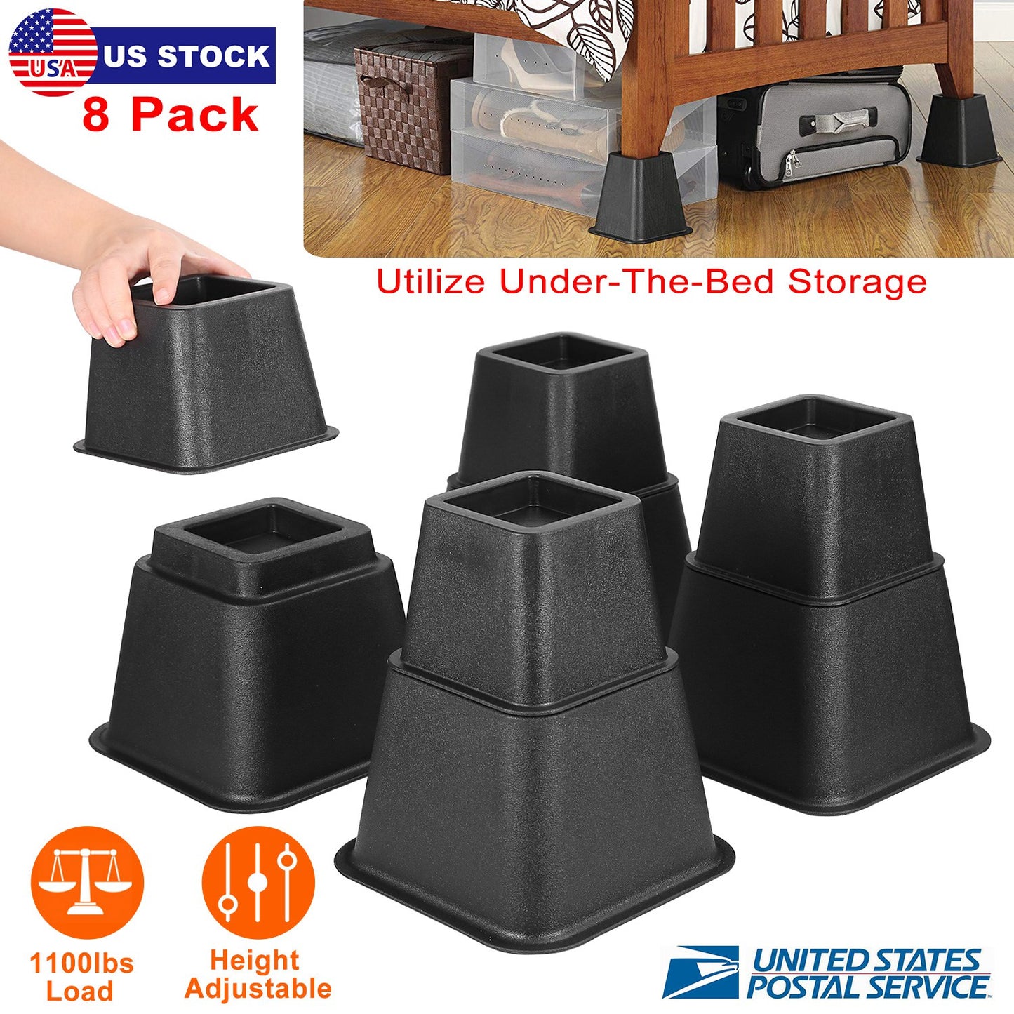 8Pcs Furniture Risers 500kg 1100lbs Capacity Bed Lifters Adjustable Couch Table Chair Risers