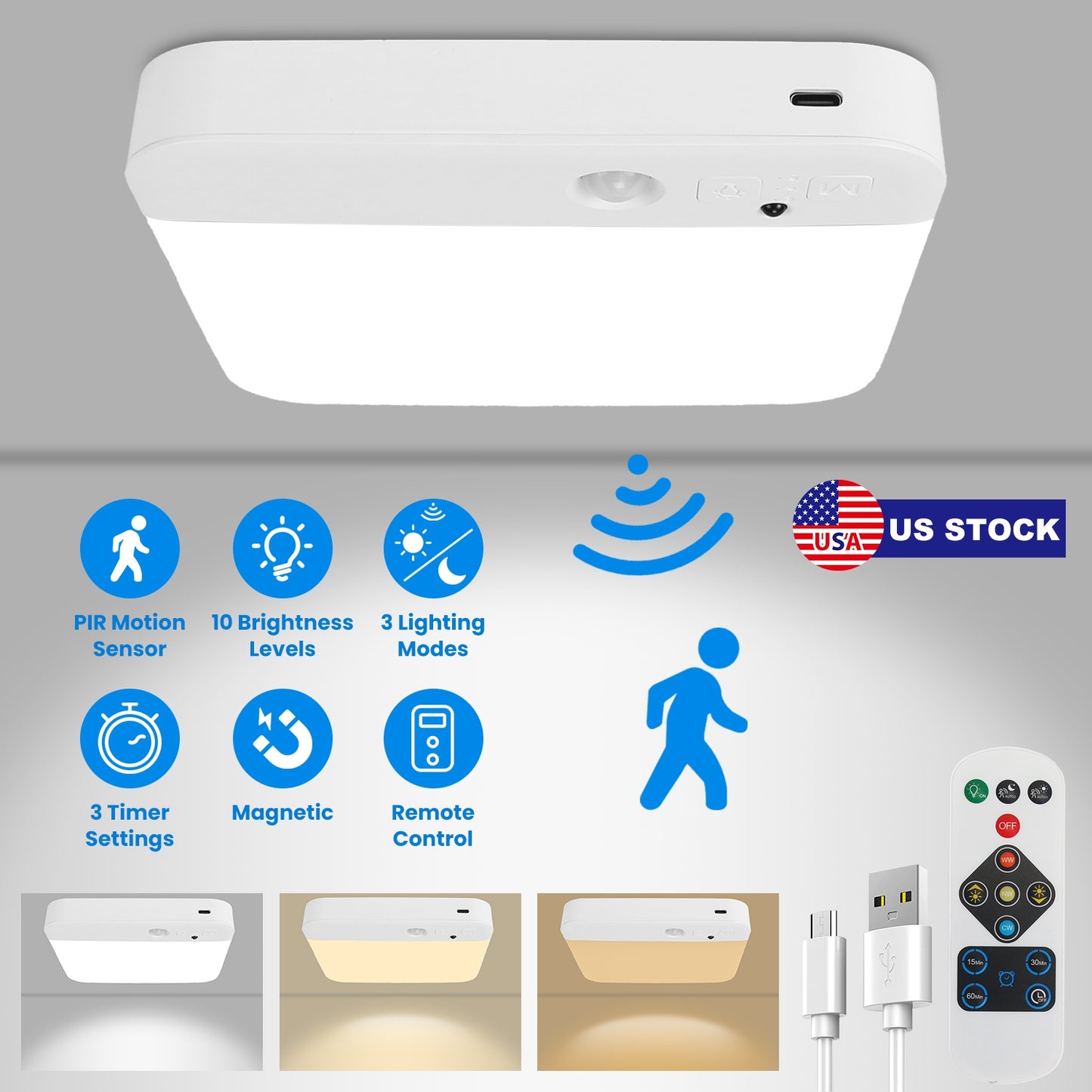 Motion Sensor Ceiling Light With Remote Rechargeable Wireless Flush Ceiling Light with 3000K 4500K 6000K 3 Timer 10 Brightness for Closet Stairs Garag