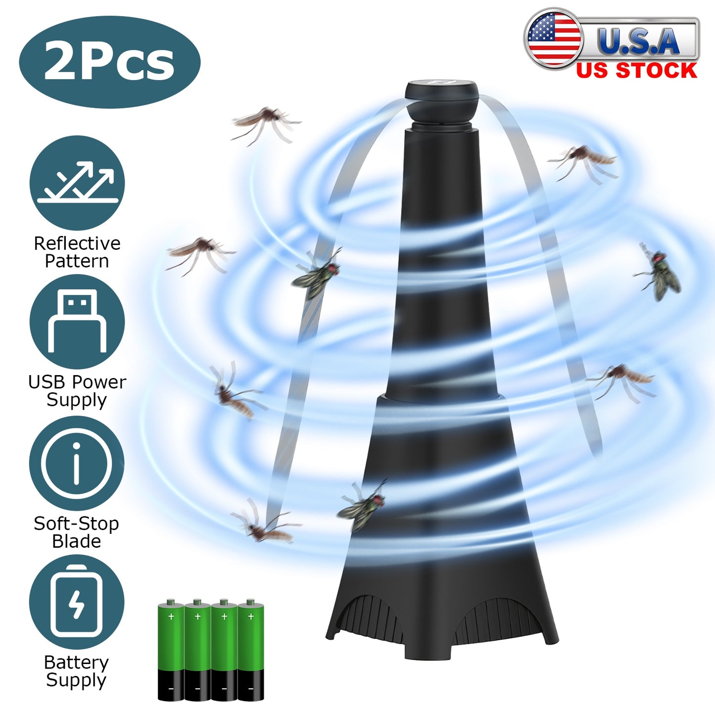 2 Pack Portable Reflective Fly Repellent Fan Rechargeable Battery Powered Table Food Fly Trap with Pattern Soft-Stop Blade Hanging Hook Indoor Outdoor