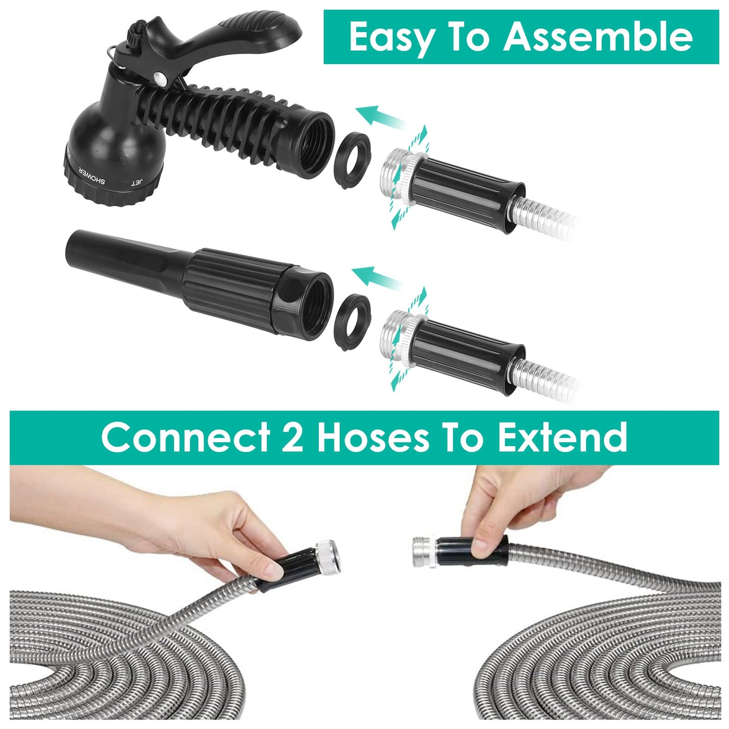 25FT/50FT/100FT Heavy Duty Stainless Steel Garden Hose Garden Watering Kit Metal Water Hose with 2 Nozzles 12 Patterns Flexible Extendable Kink Tangle