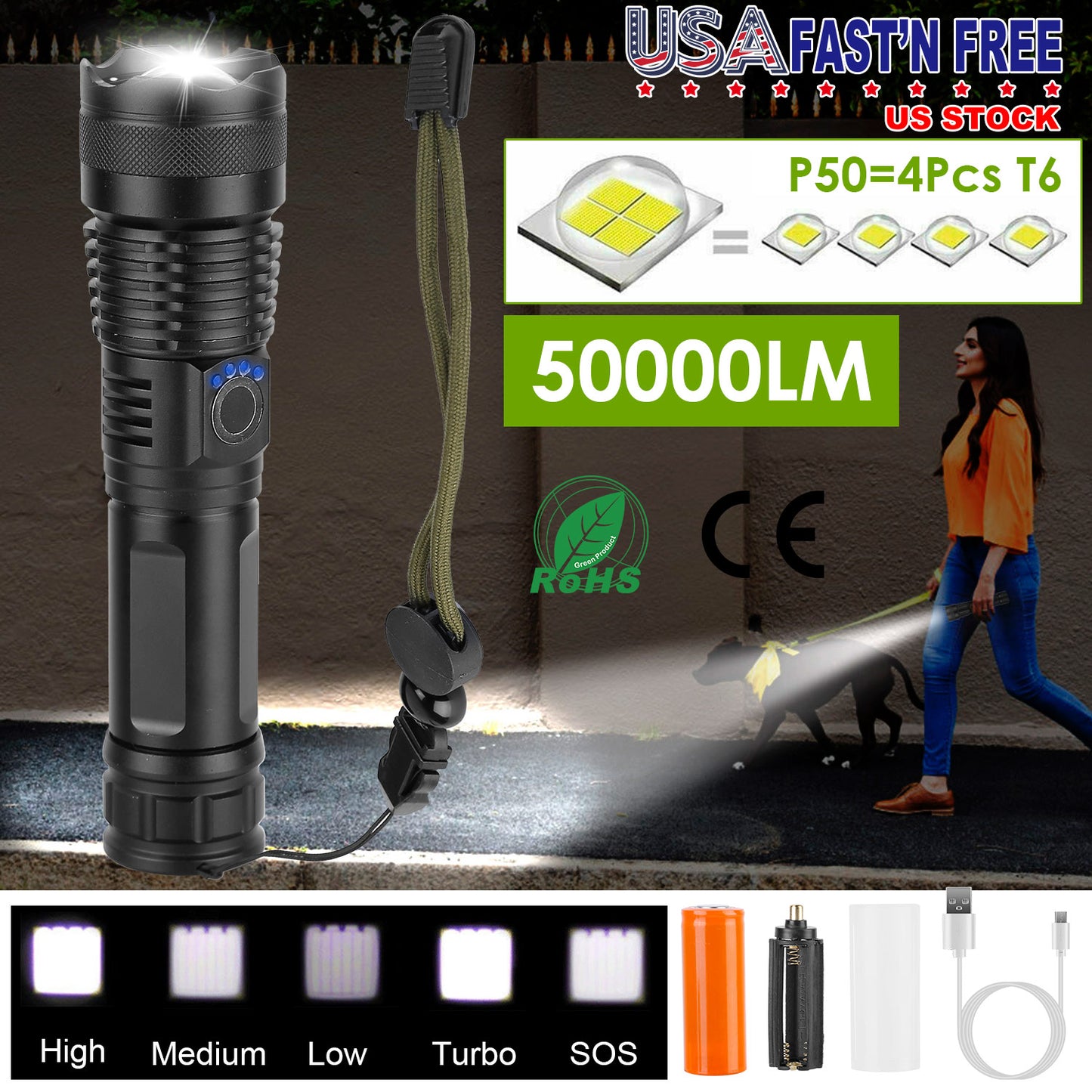Tactical LED Flashlight Zoomable Rechargeable Search Light Torch 50000LM with 5Modes SOS Night Light For Night Walking Adventures