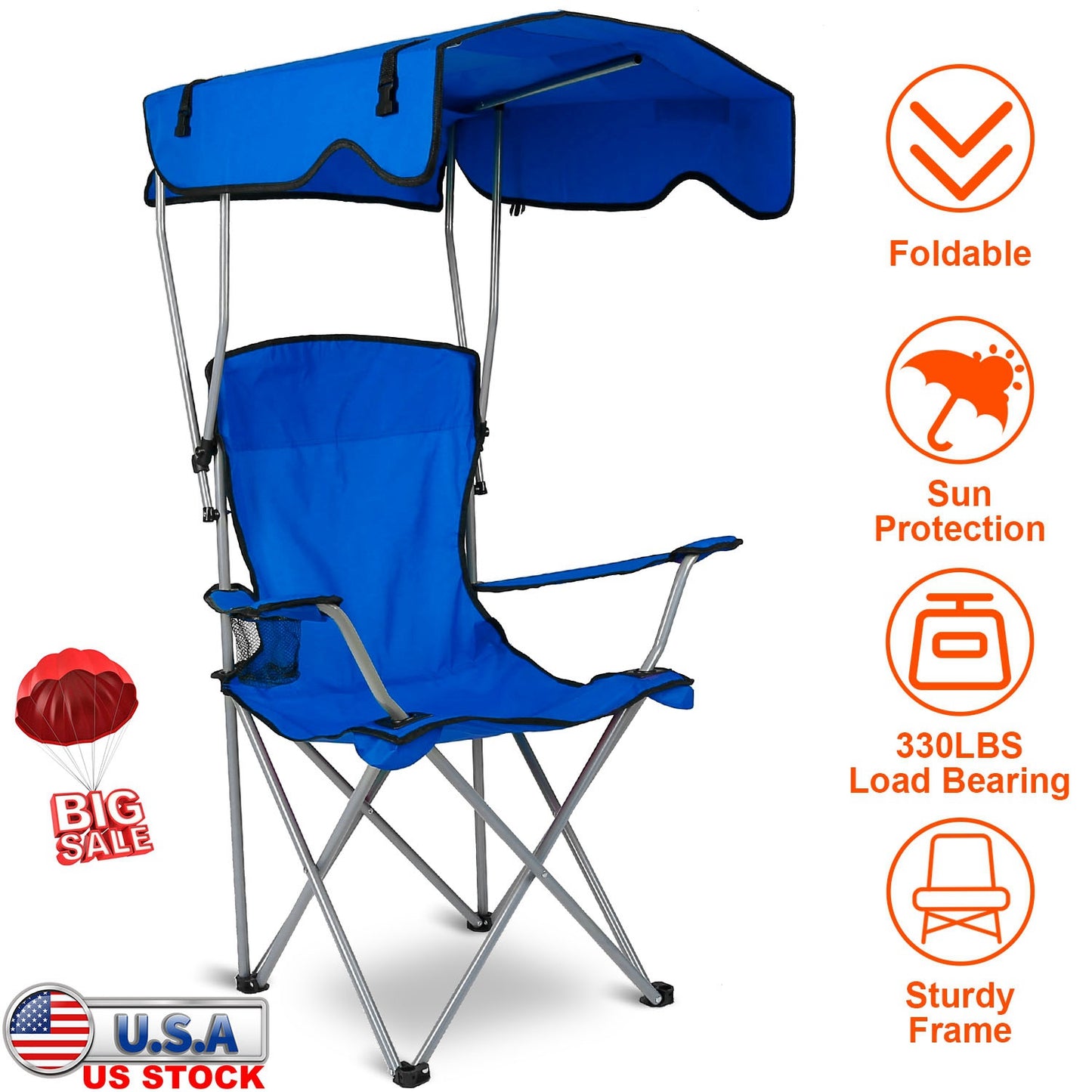 Foldable Beach Canopy Chair Sun Protection Camping Lawn Canopy Chair 330LBS Load Folding Seat w/ Cup Holder For Beach Poolside Travel Picnic