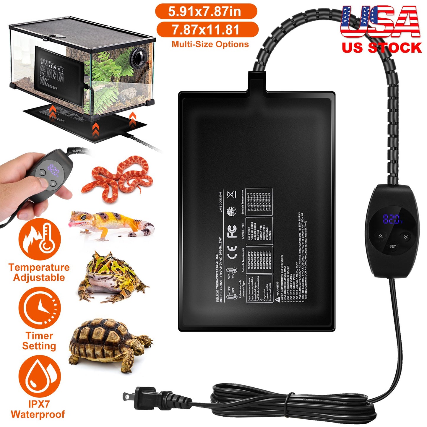 Electric Reptile Heating Pad With 32-122¡F Temperature Adjustment IPX7 Waterproof Timer Setting Under Tank Heating Mat for Lizards Turtles Snake Spide